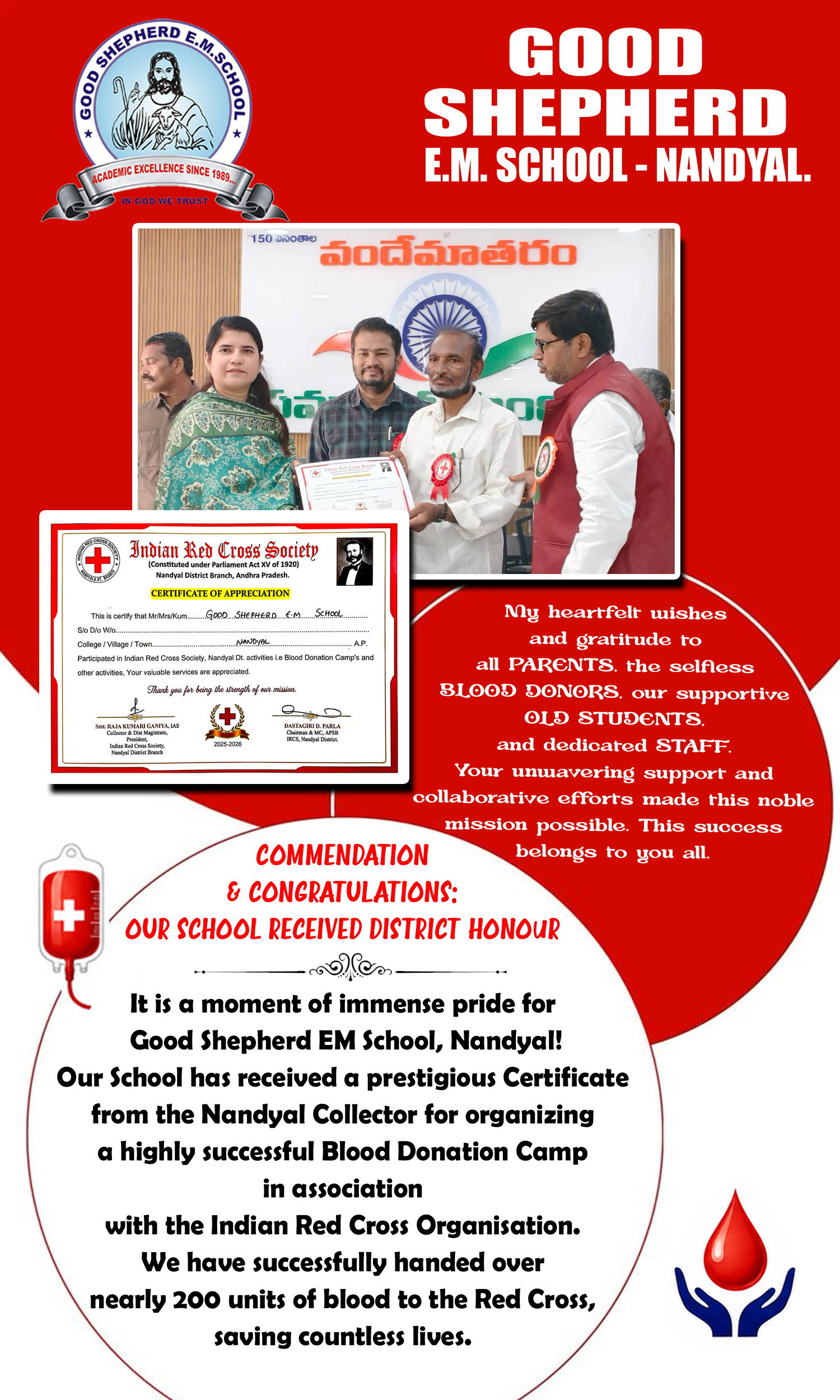 COMMENDATION : OUR SCHOOL RECEIVED DISTRICT HONOUR 